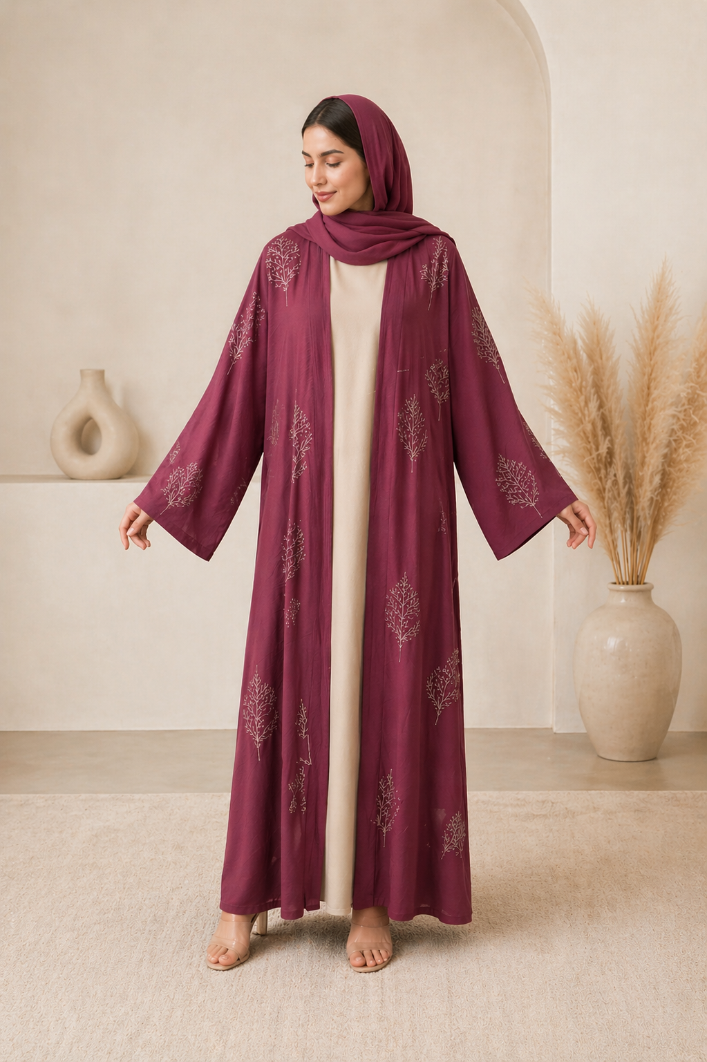 Elegant Embroidered Open Abaya – Plum Rose