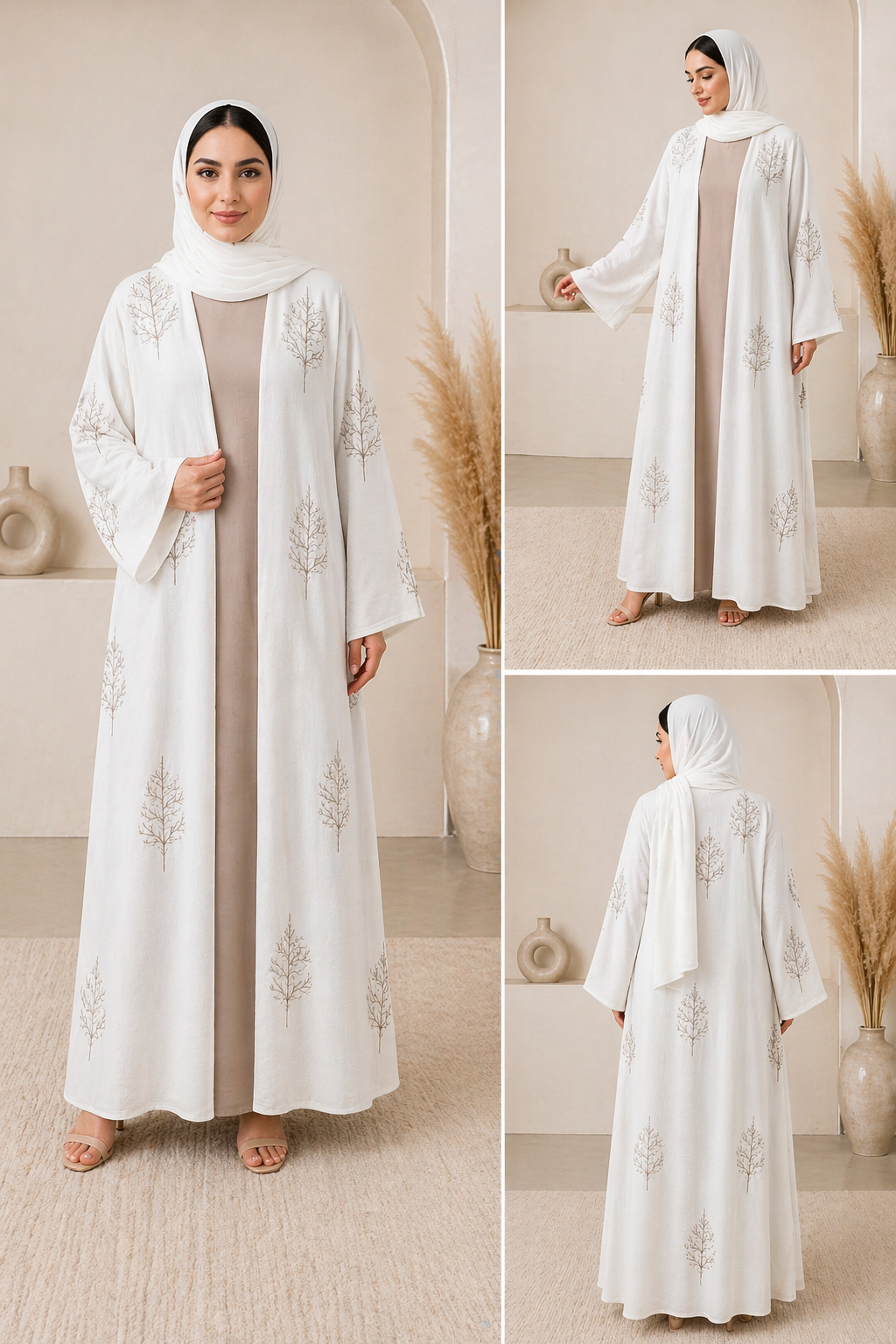 Elegant Embroidered Open Abaya – Pearl White