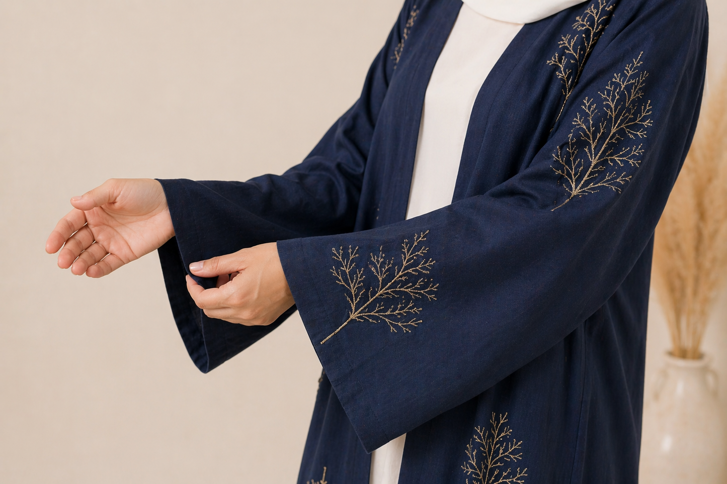 Elegant Embroidered Open Abaya – Midnight Navy