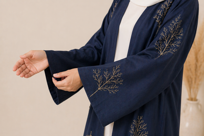 Elegant Embroidered Open Abaya – Midnight Navy