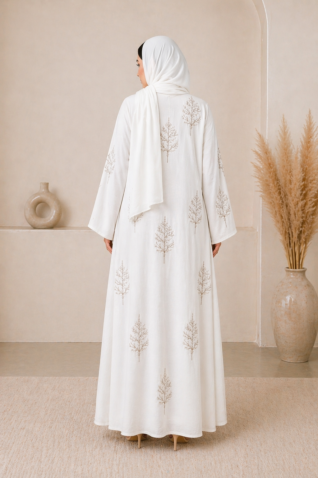Elegant Embroidered Open Abaya – Pearl White
