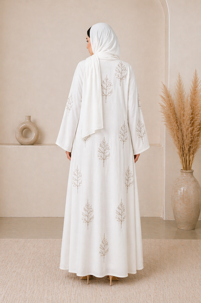 Elegant Embroidered Open Abaya – Pearl White