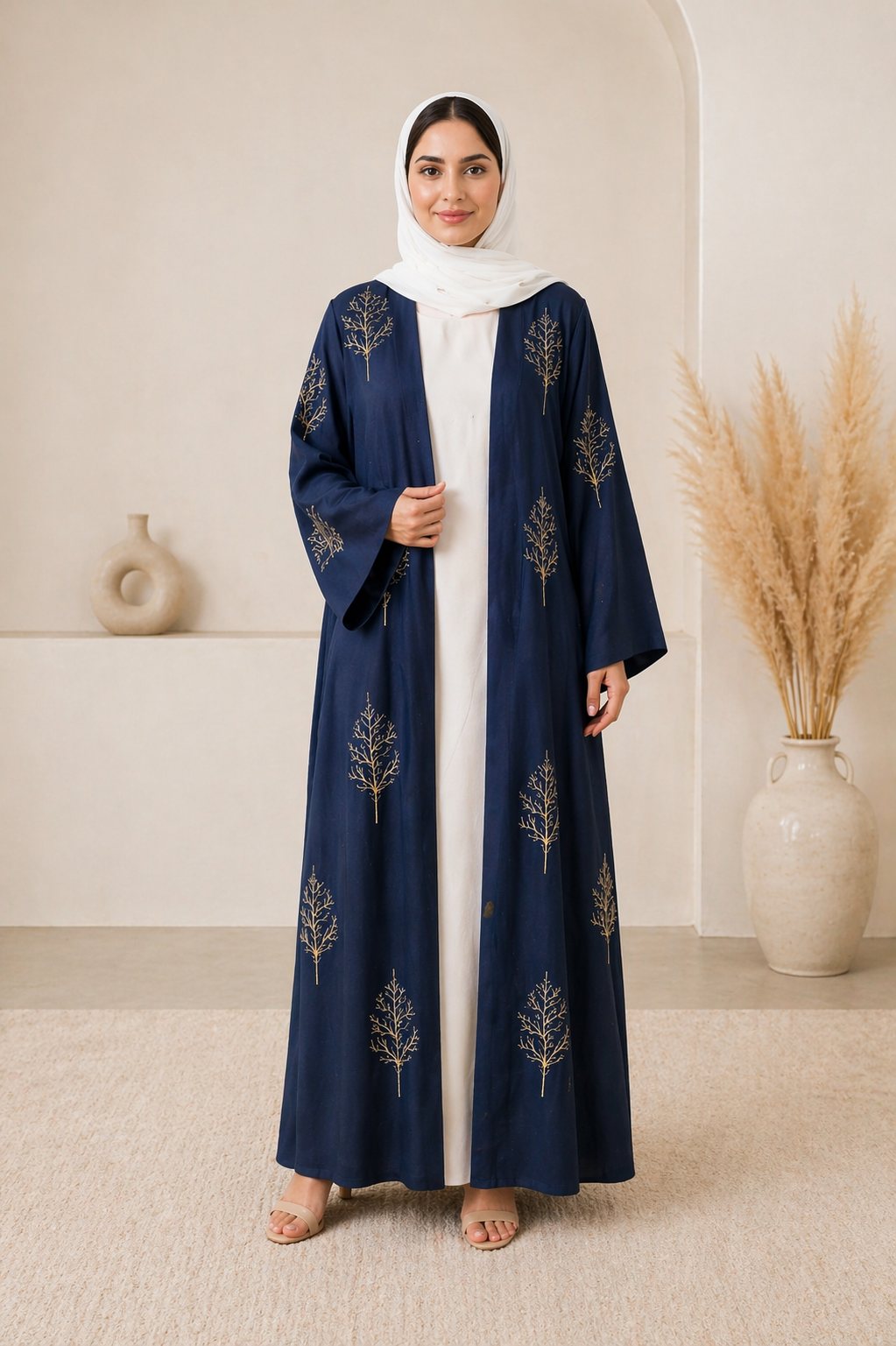 Elegant Embroidered Open Abaya – Midnight Navy