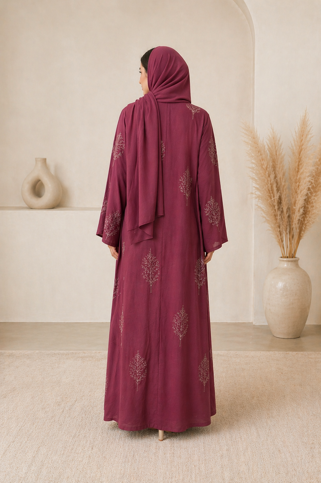 Elegant Embroidered Open Abaya – Plum Rose
