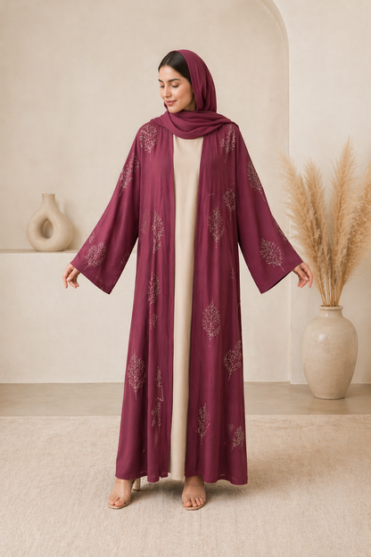 Elegant Embroidered Open Abaya – Plum Rose