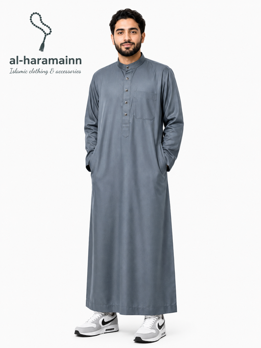 Blue Grey Collar Daffah Saudi Thobe / Jubbah