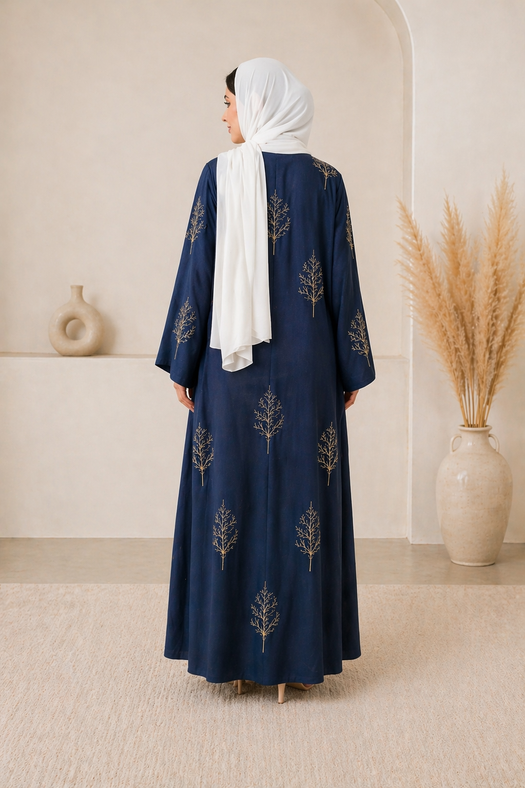 Elegant Embroidered Open Abaya – Midnight Navy