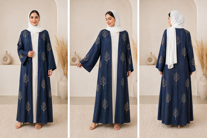 Elegant Embroidered Open Abaya – Midnight Navy