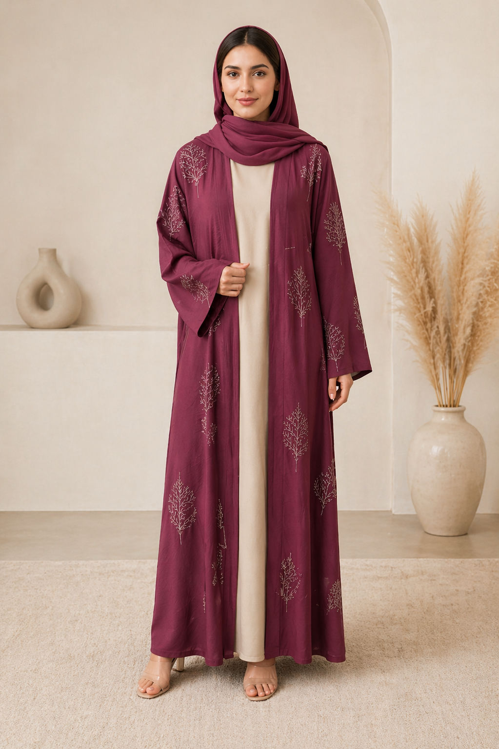 Elegant Embroidered Open Abaya – Plum Rose