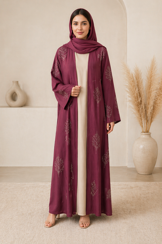 Elegant Embroidered Open Abaya – Plum Rose