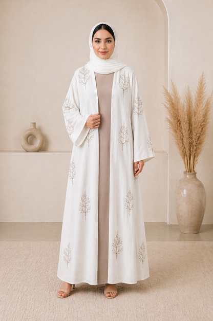 Elegant Embroidered Open Abaya – Pearl White